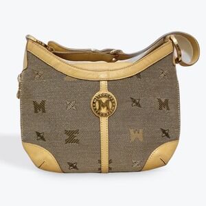 Metrocity Italy Monogram Shoulder Bag Tan Leather Trim Small Hobo Style